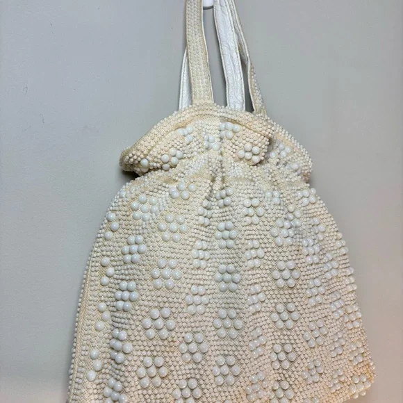 Vintage 1950s Candy Dot Cream & White Double Beaded Hand Bag - Picture 6 of 15